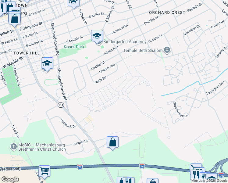 map of restaurants, bars, coffee shops, grocery stores, and more near 318 Edge Towne Lane in Mechanicsburg
