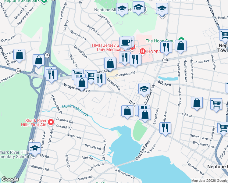 map of restaurants, bars, coffee shops, grocery stores, and more near 251 West Sylvania Avenue in Neptune City