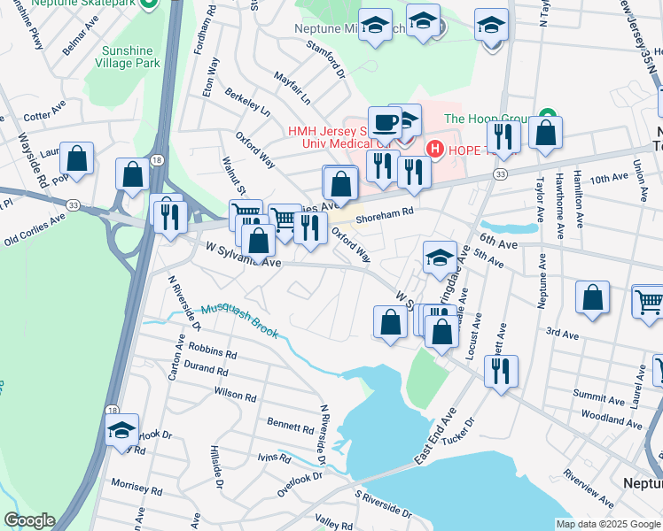 map of restaurants, bars, coffee shops, grocery stores, and more near 290 West Sylvania Avenue in Neptune City