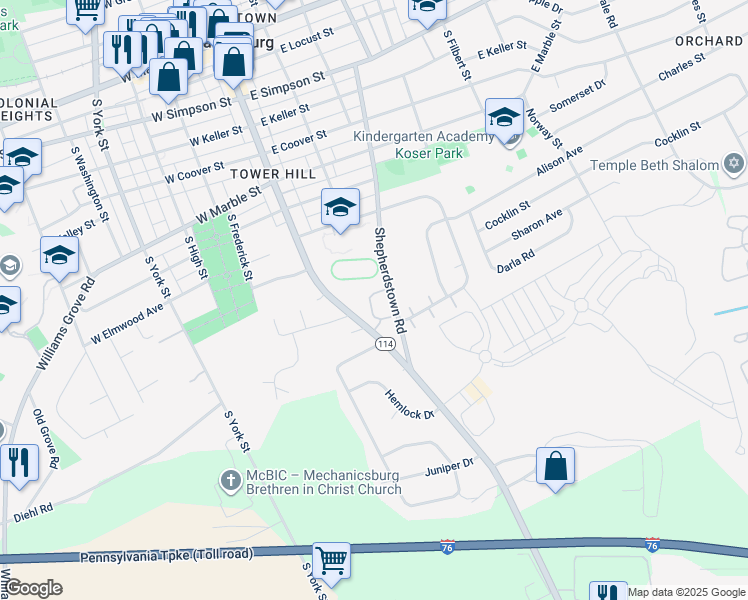 map of restaurants, bars, coffee shops, grocery stores, and more near 24 Southpoint Drive in Mechanicsburg