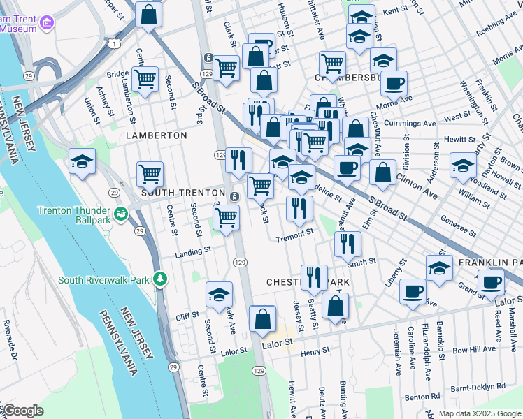 map of restaurants, bars, coffee shops, grocery stores, and more near 101 Hancock Street in Trenton