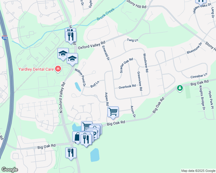 map of restaurants, bars, coffee shops, grocery stores, and more near 256 Aspen Road in Yardley