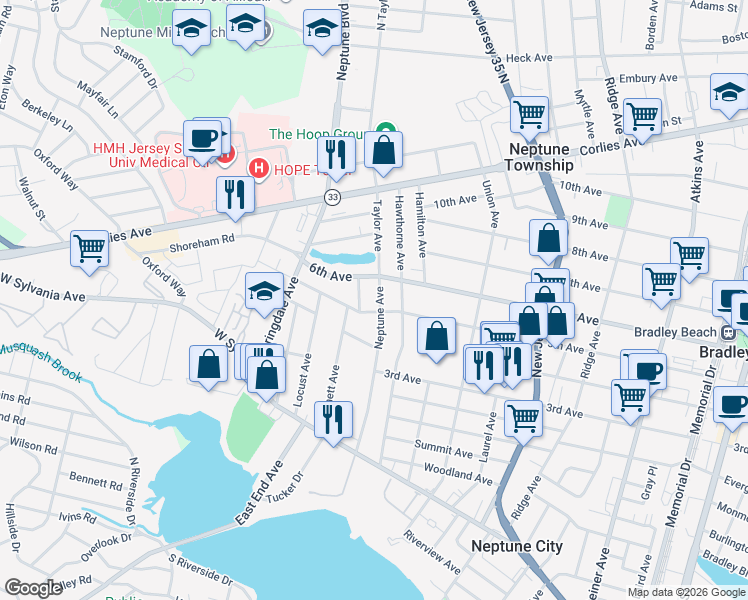 map of restaurants, bars, coffee shops, grocery stores, and more near 117 Neptune Avenue in Neptune City