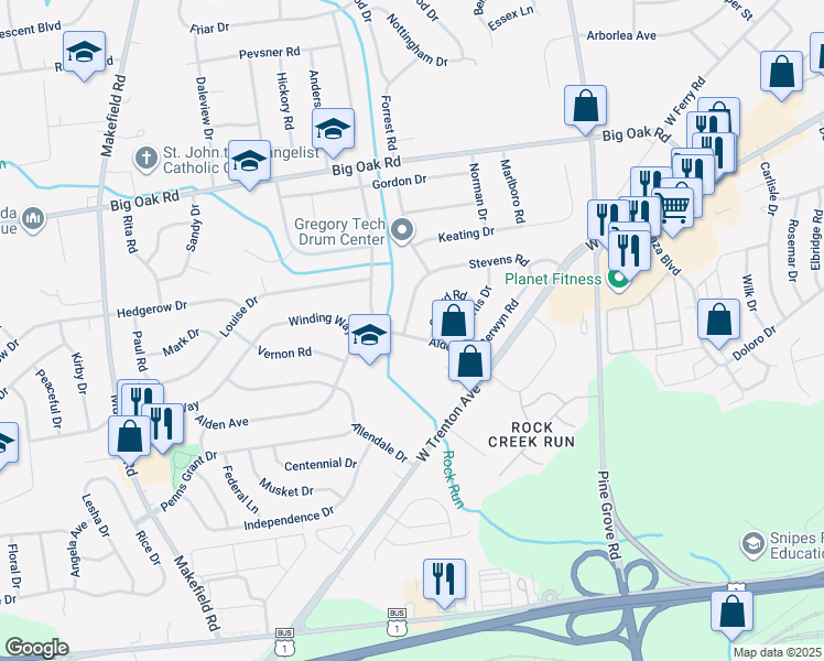 map of restaurants, bars, coffee shops, grocery stores, and more near 404 Alden Avenue in Morrisville