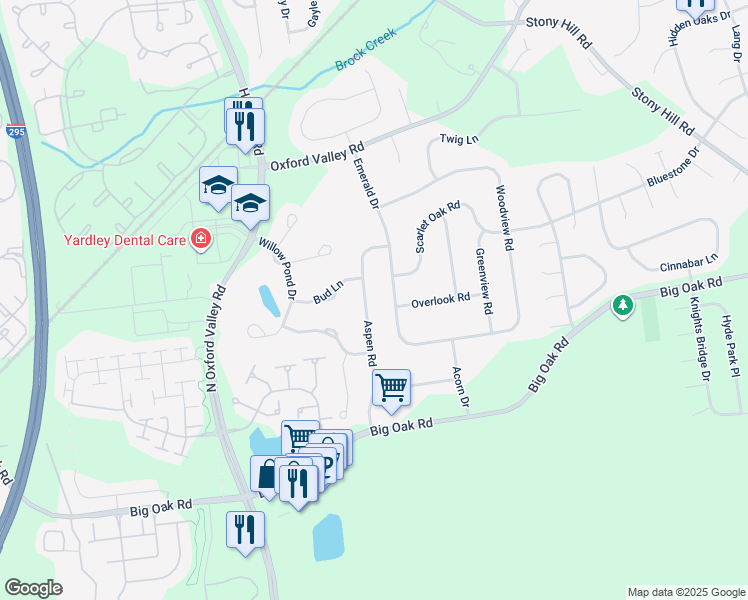 map of restaurants, bars, coffee shops, grocery stores, and more near 256 Aspen Road in Yardley