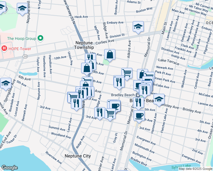 map of restaurants, bars, coffee shops, grocery stores, and more near 1224 7th Avenue in Neptune City
