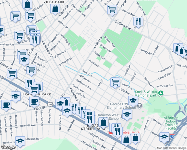 map of restaurants, bars, coffee shops, grocery stores, and more near 139 Berg Avenue in Trenton