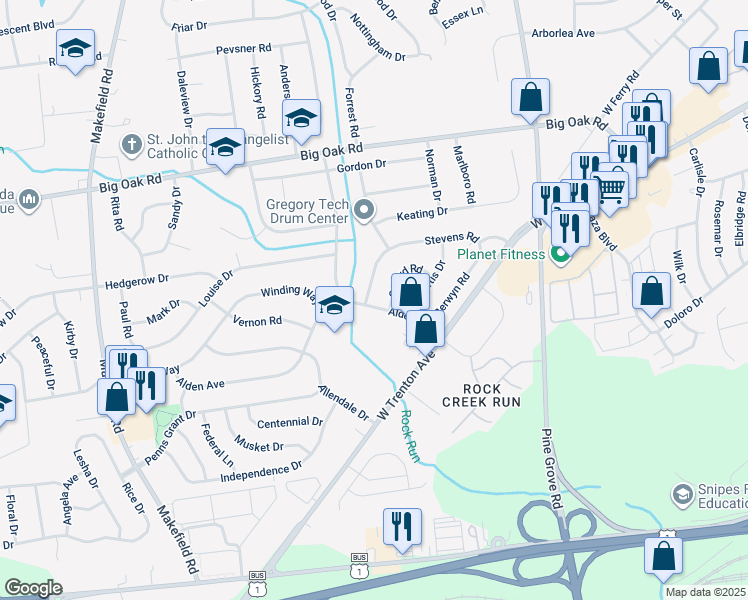 map of restaurants, bars, coffee shops, grocery stores, and more near 404 Alden Avenue in Morrisville