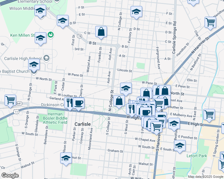 map of restaurants, bars, coffee shops, grocery stores, and more near 158 North College Street in Carlisle