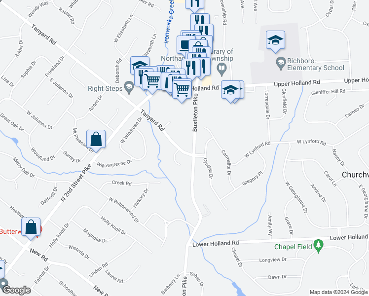 map of restaurants, bars, coffee shops, grocery stores, and more near 3 Tanyard Road in Richboro