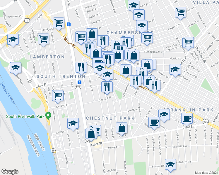 map of restaurants, bars, coffee shops, grocery stores, and more near 194 Home Avenue in Trenton