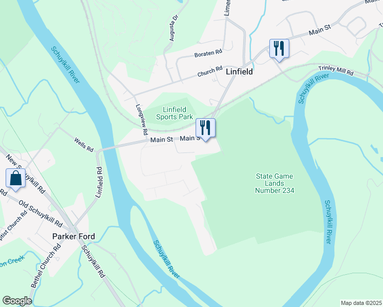 map of restaurants, bars, coffee shops, grocery stores, and more near 40 Sacco Rd in Royersford