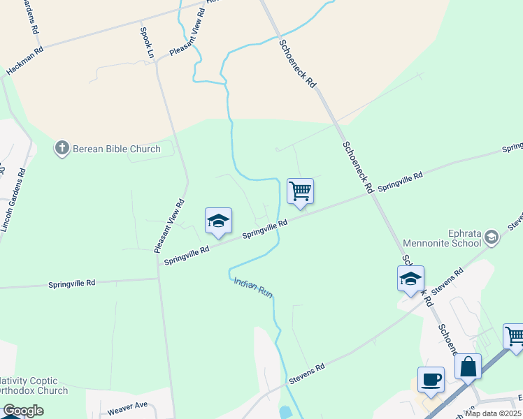 map of restaurants, bars, coffee shops, grocery stores, and more near 538 Springville Road in Ephrata