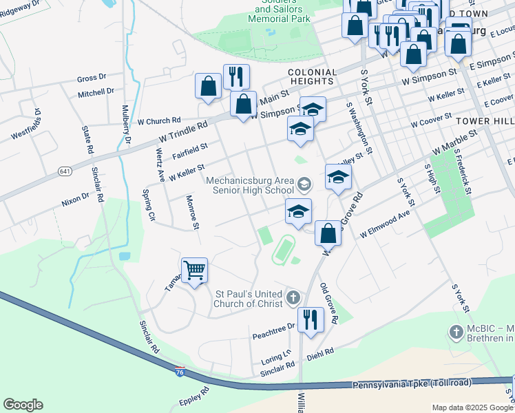 map of restaurants, bars, coffee shops, grocery stores, and more near 300 Longmeadow Street in Mechanicsburg