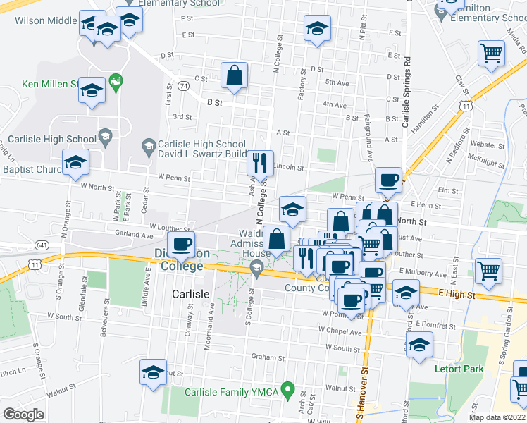map of restaurants, bars, coffee shops, grocery stores, and more near 153 North College Street in Carlisle