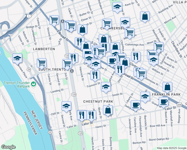 map of restaurants, bars, coffee shops, grocery stores, and more near Beatty Street & Home Avenue in Trenton