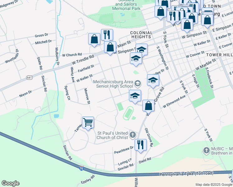 map of restaurants, bars, coffee shops, grocery stores, and more near 704 Green Acres Street in Mechanicsburg