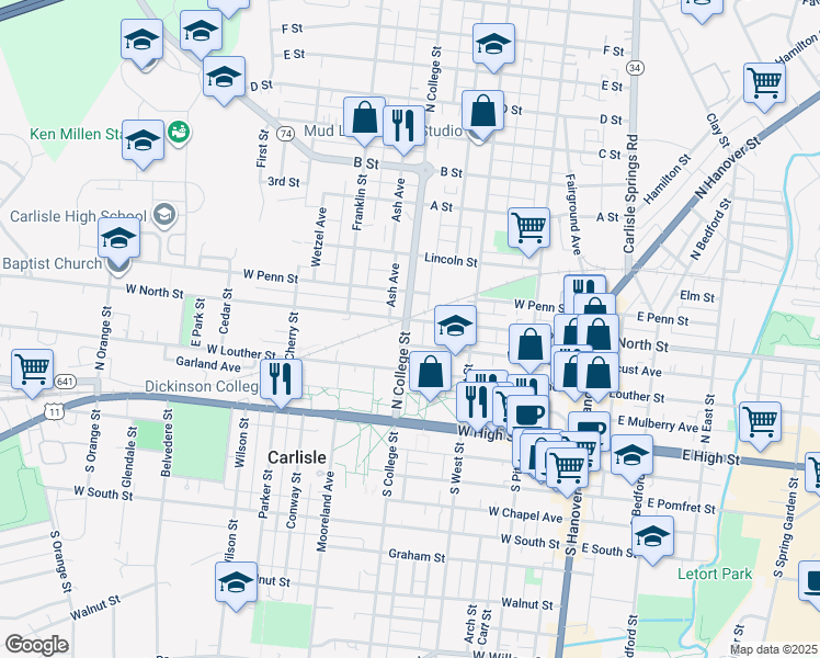 map of restaurants, bars, coffee shops, grocery stores, and more near 153 North College Street in Carlisle