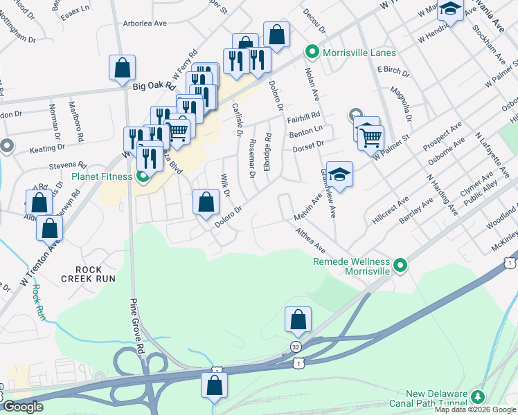 map of restaurants, bars, coffee shops, grocery stores, and more near 120 Melvin Avenue in Morrisville