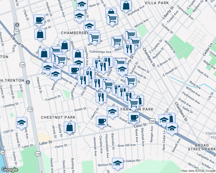 map of restaurants, bars, coffee shops, grocery stores, and more near 327 Liberty Street in Trenton