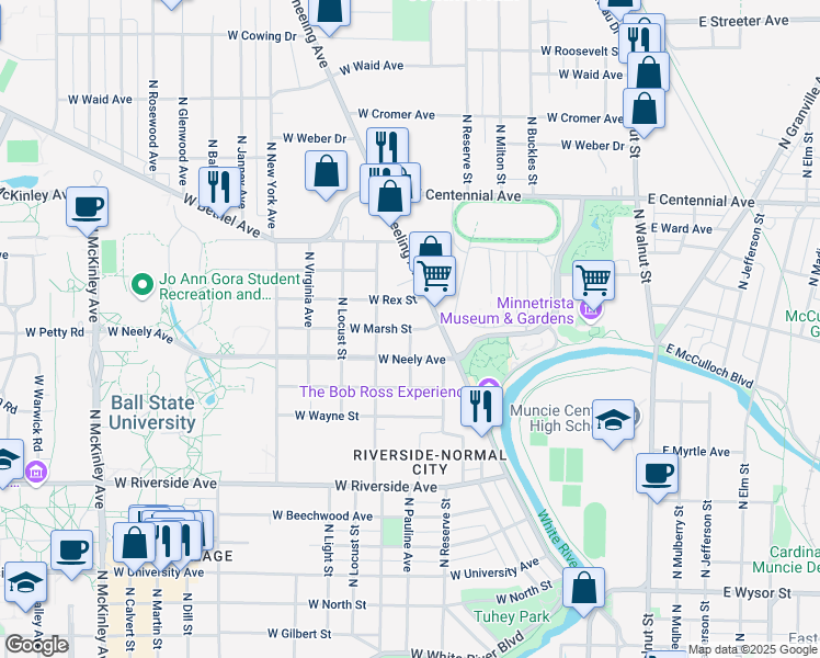 map of restaurants, bars, coffee shops, grocery stores, and more near North Pauline Avenue in Muncie