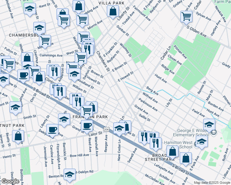 map of restaurants, bars, coffee shops, grocery stores, and more near 1062 Franklin Street in Trenton