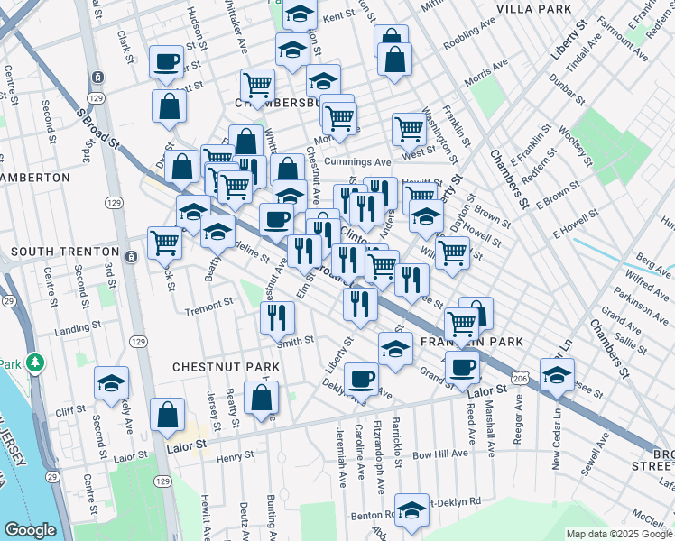 map of restaurants, bars, coffee shops, grocery stores, and more near 1051 South Broad Street in Trenton