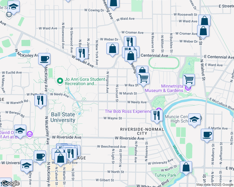 map of restaurants, bars, coffee shops, grocery stores, and more near 1299 North Locust Street in Muncie