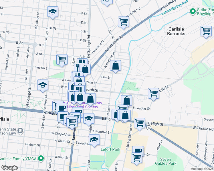 map of restaurants, bars, coffee shops, grocery stores, and more near 212 North East Street in Carlisle