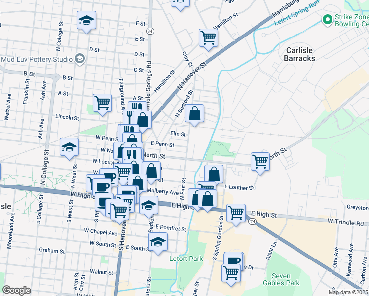 map of restaurants, bars, coffee shops, grocery stores, and more near 170 East Penn Street in Carlisle