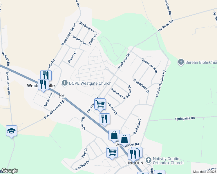 map of restaurants, bars, coffee shops, grocery stores, and more near 55 Gentleness Drive in Ephrata