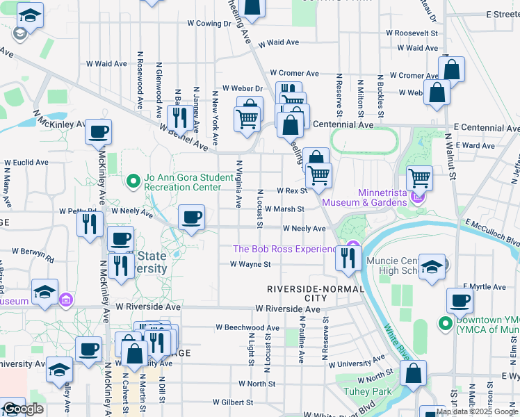map of restaurants, bars, coffee shops, grocery stores, and more near West Marsh Street in Muncie