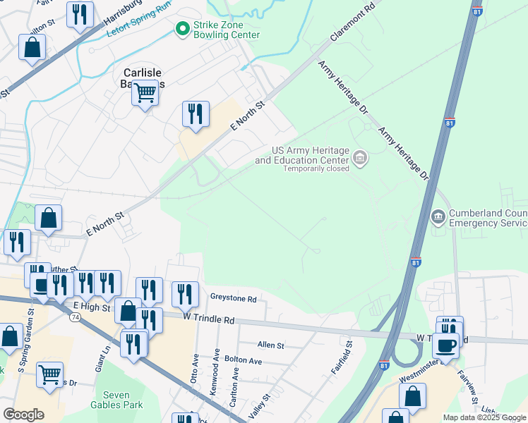 map of restaurants, bars, coffee shops, grocery stores, and more near Jim Thorpe Rd in Cumberland