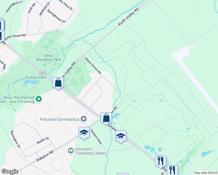 map of restaurants, bars, coffee shops, grocery stores, and more near 935 Davis Grove Road in Horsham