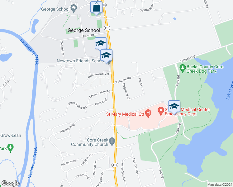 map of restaurants, bars, coffee shops, grocery stores, and more near 1321 Newtown-Langhorne Road in Langhorne