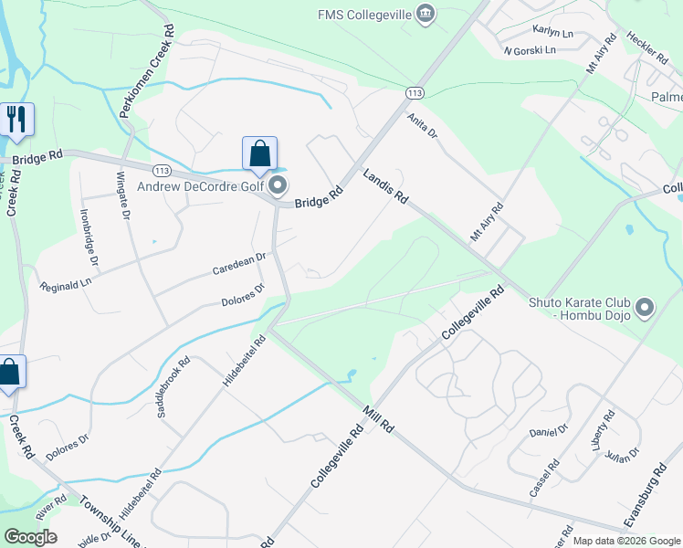 map of restaurants, bars, coffee shops, grocery stores, and more near 4097 Mill Road in Collegeville