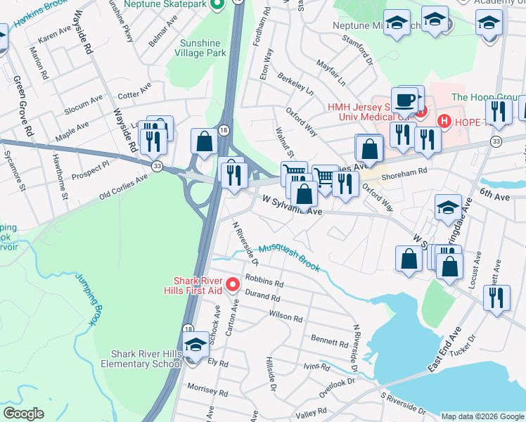 map of restaurants, bars, coffee shops, grocery stores, and more near 401 West Sylvania Avenue in Neptune City