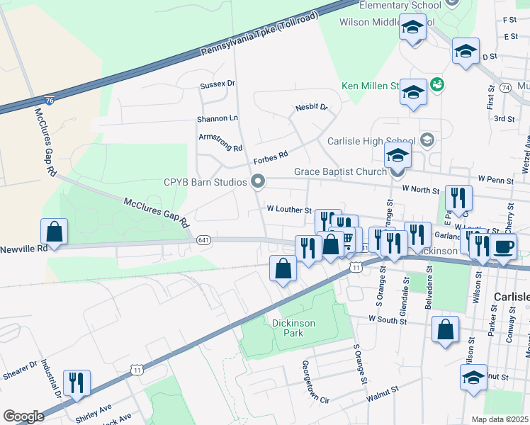 map of restaurants, bars, coffee shops, grocery stores, and more near 920 West Louther Street in Carlisle