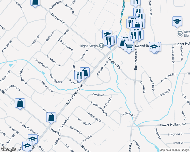 map of restaurants, bars, coffee shops, grocery stores, and more near 62 West Windrose Drive in Richboro