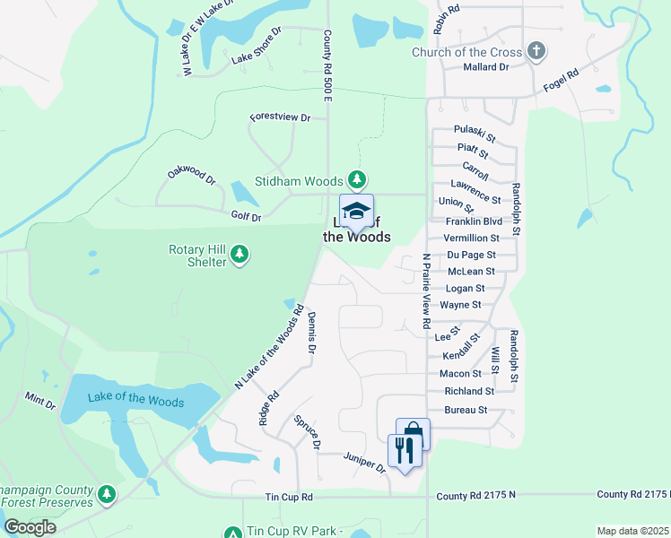 map of restaurants, bars, coffee shops, grocery stores, and more near 820 North Woodspring Drive in Mahomet