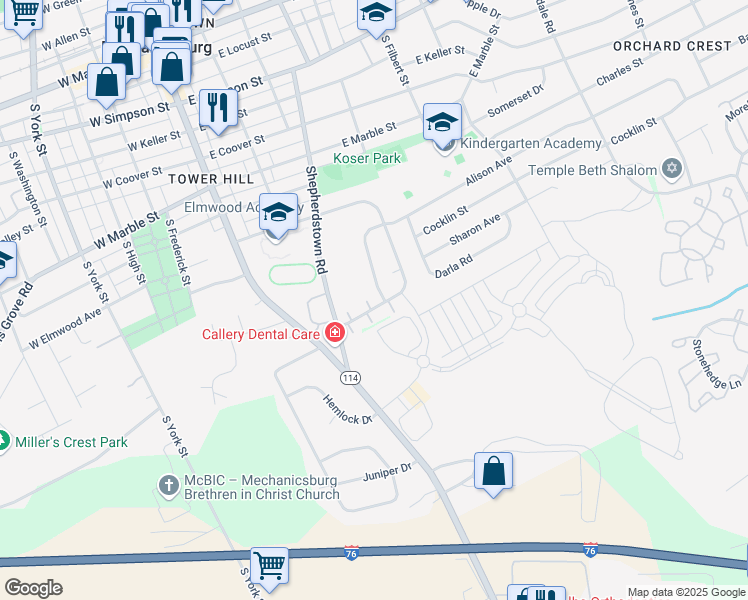 map of restaurants, bars, coffee shops, grocery stores, and more near 500 East Elmwood Avenue in Mechanicsburg