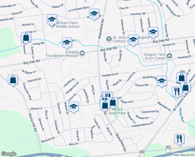 map of restaurants, bars, coffee shops, grocery stores, and more near 99 Hedgerow Drive in Yardley