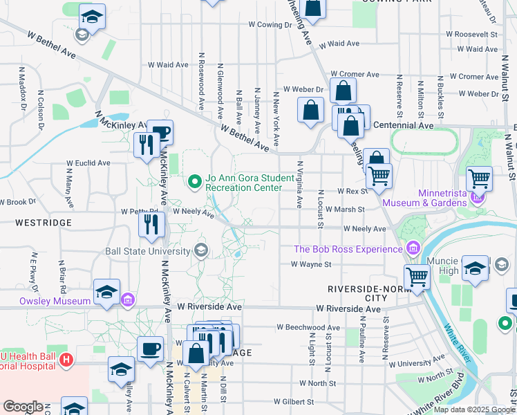 map of restaurants, bars, coffee shops, grocery stores, and more near West Marsh Street in Muncie