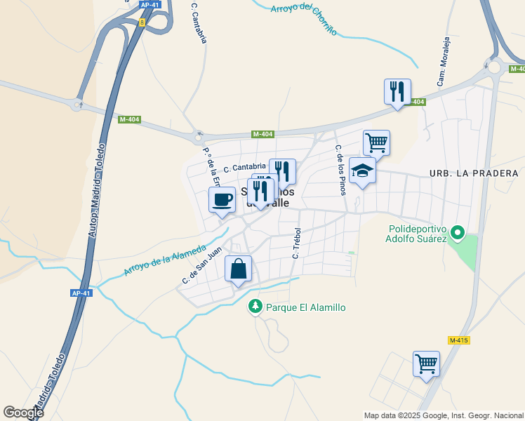 map of restaurants, bars, coffee shops, grocery stores, and more near 28 Calle Madrid in Serranillos del Valle
