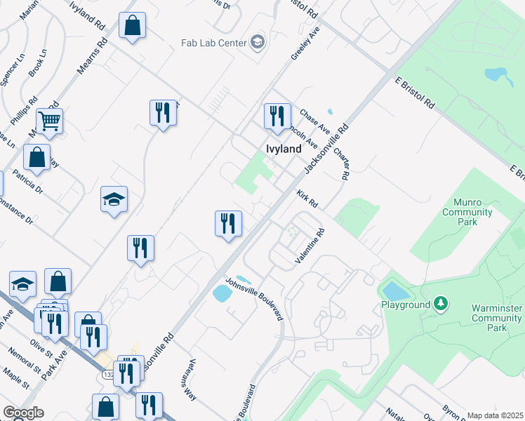 map of restaurants, bars, coffee shops, grocery stores, and more near 980 Jacksonville Road in Ivyland