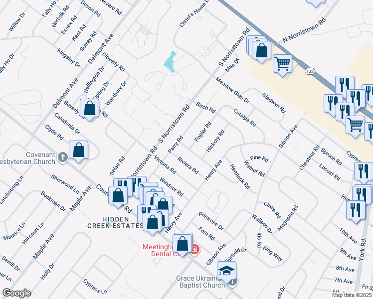 map of restaurants, bars, coffee shops, grocery stores, and more near 1046 Dogwood Road in Warminster