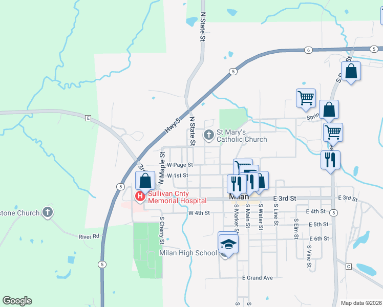 map of restaurants, bars, coffee shops, grocery stores, and more near 165 Southwest State Street in Milan