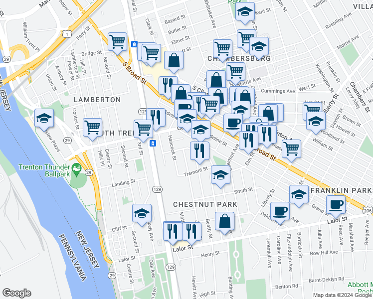 map of restaurants, bars, coffee shops, grocery stores, and more near 2 Jersey Street in Trenton