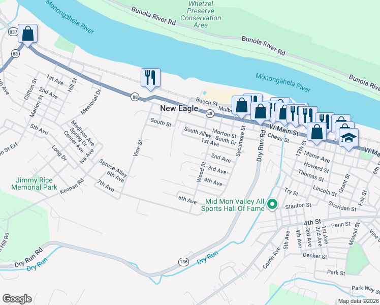 map of restaurants, bars, coffee shops, grocery stores, and more near 604 Wood Street in New Eagle