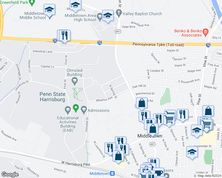 map of restaurants, bars, coffee shops, grocery stores, and more near 116 West Roosevelt Avenue in Middletown